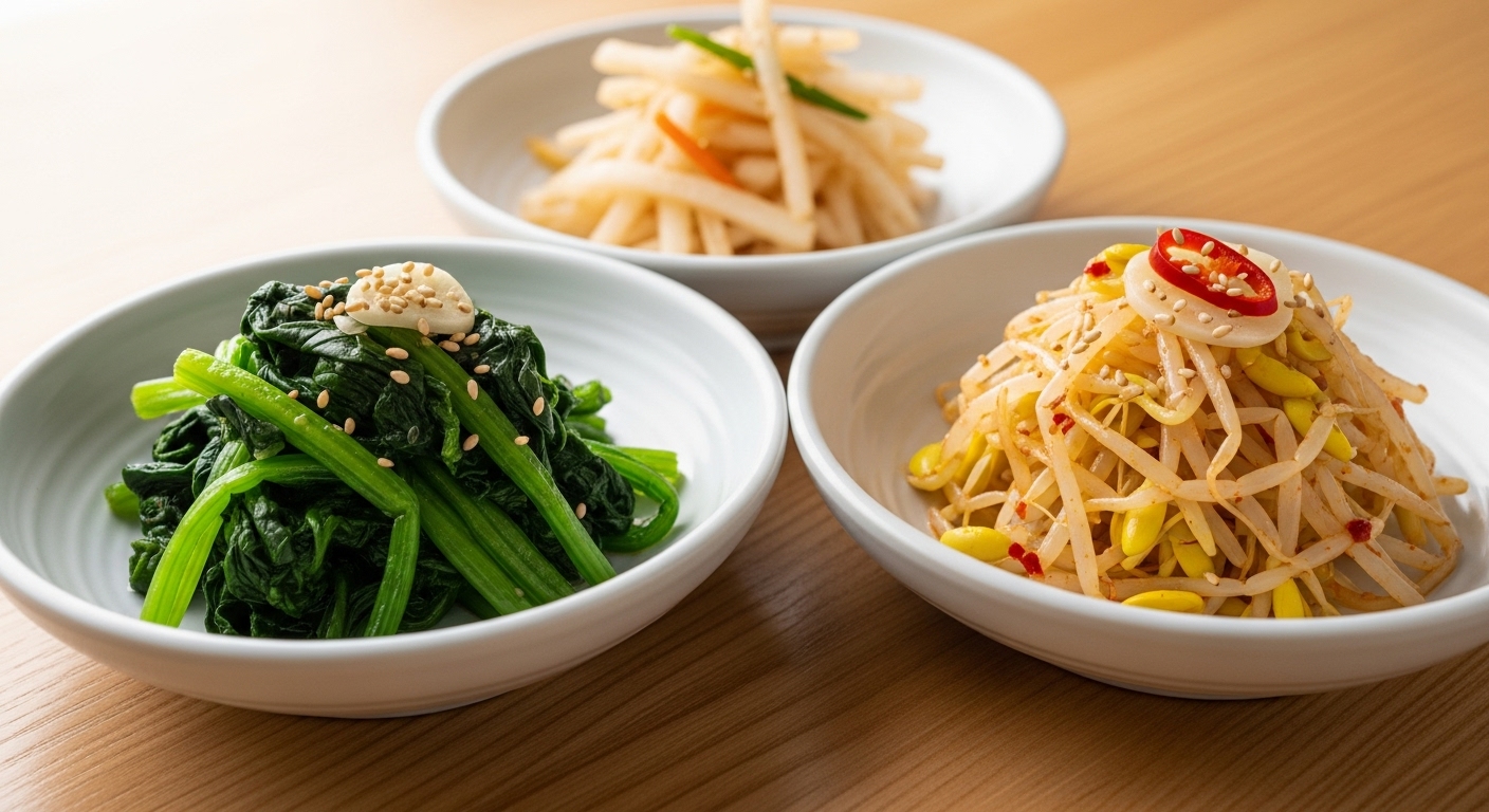 초록색 시금치, 하얀 무, 노란 콩나물 세 가지 나물이 작은 그릇에 정갈하게 담겨 있는 모습.