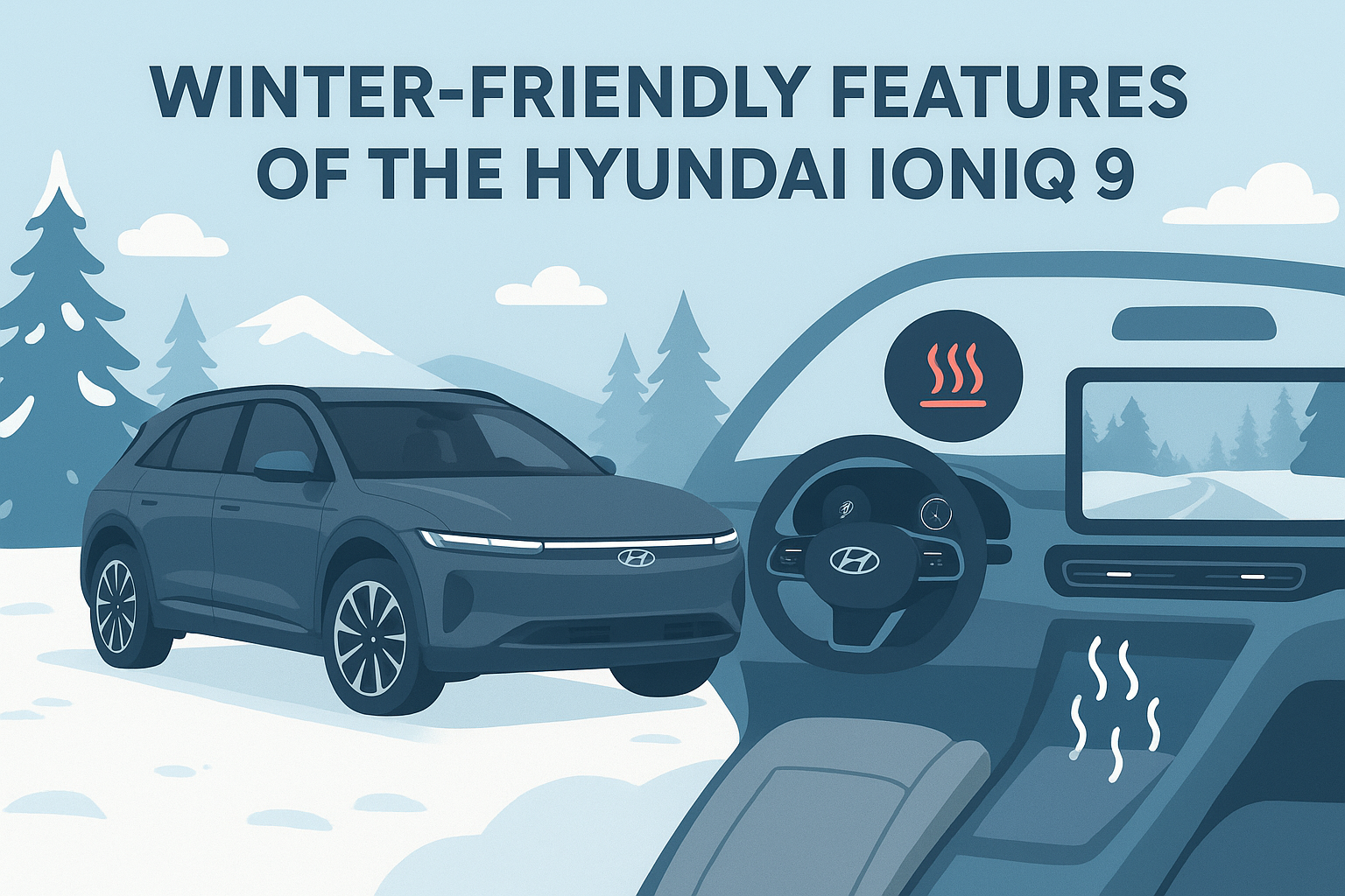 Ioniq 9 driving in snow with heated interior features illustration