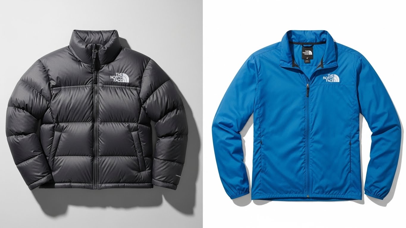 볼륨감 있는 눕시 패딩과 슬림한 기능성 바람막이의 디자인적 특징 비교