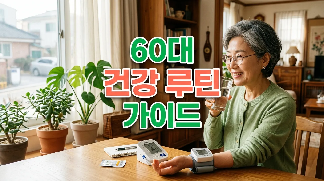 60대 건강 루틴을 시작하는 아침 혈압 측정과 물 한 잔 장면