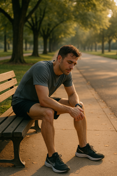 이른 아침이나 해 질 무렵에 공원에서 러닝하는 사람이 땀을 식히며 벤치에 앉아 쉬는 장면 사진