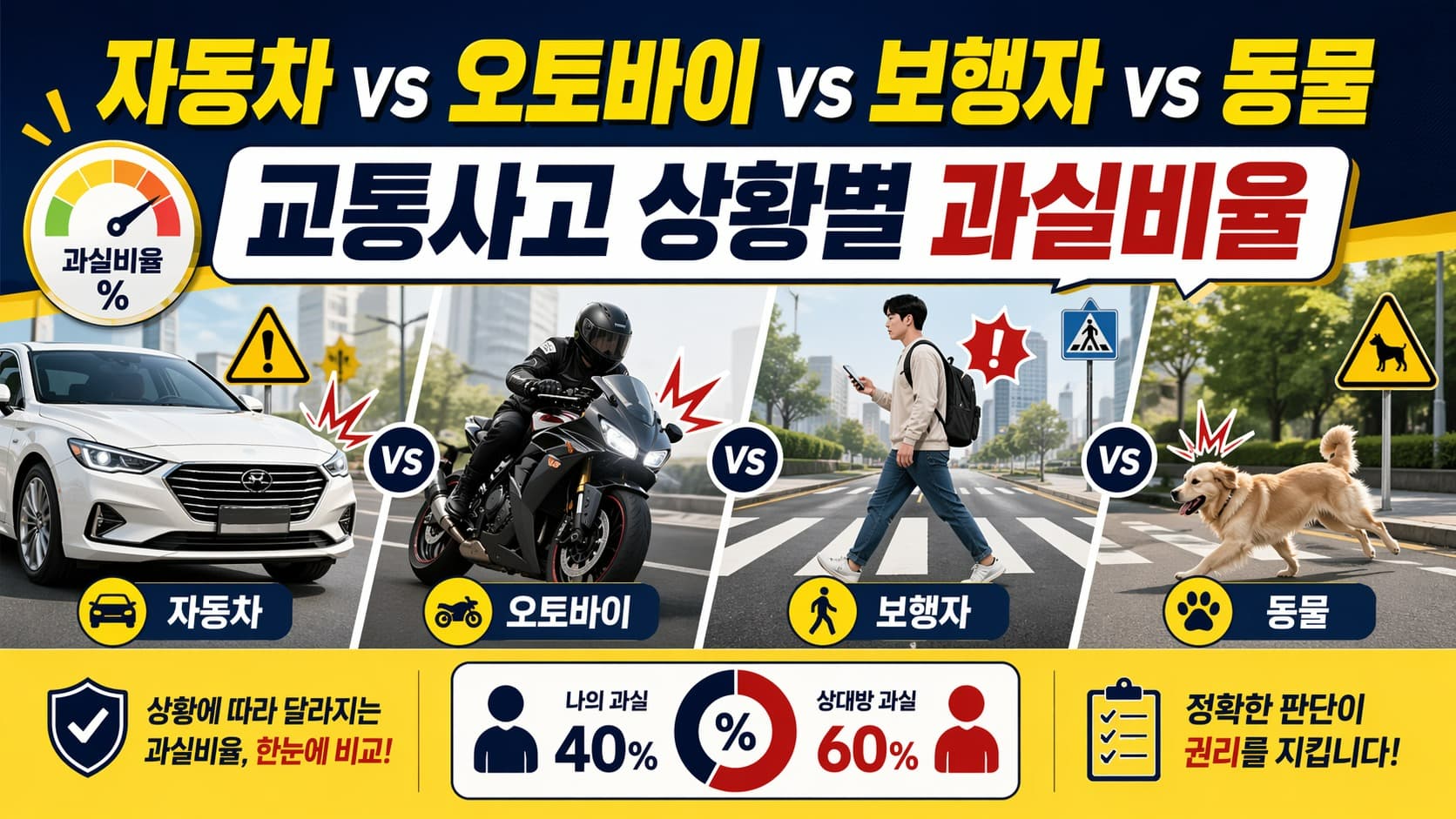 자동차 vs 오토바이 vs 보행자 vs 동물 교통사고 상황별 과실비율