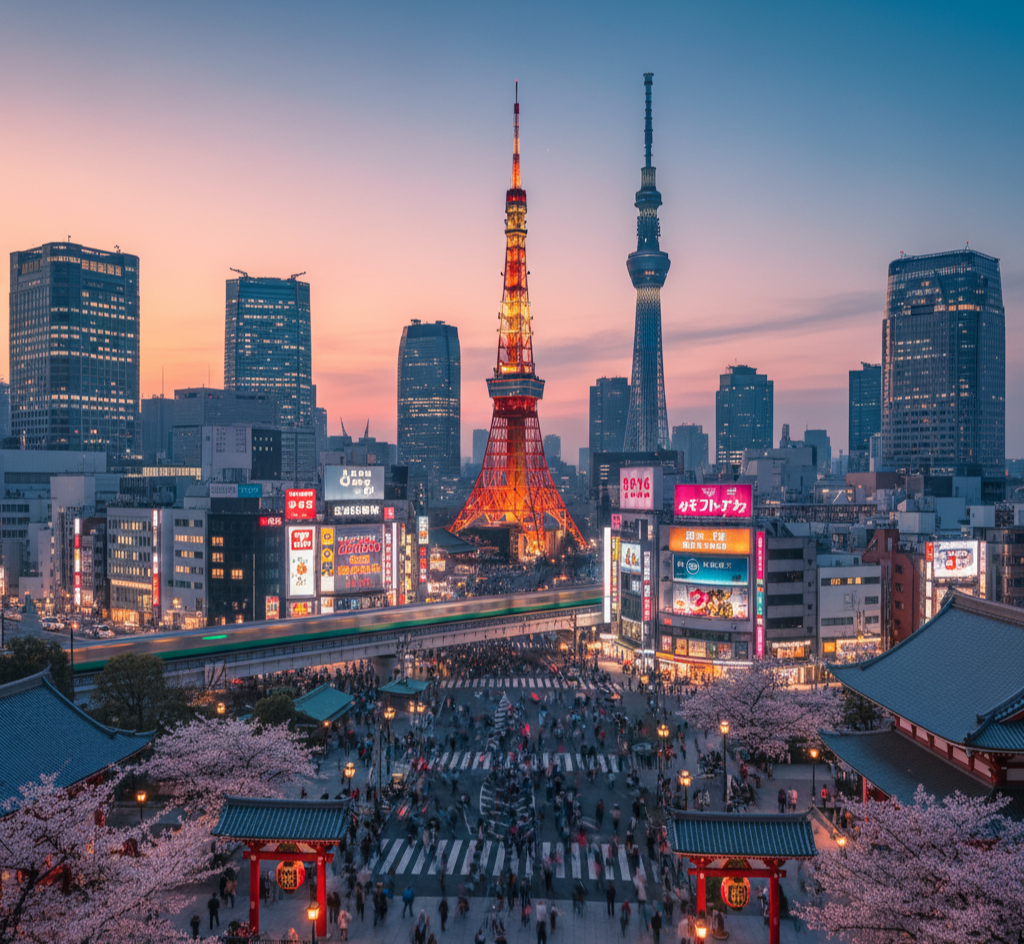 도쿄타워와 스카이트리가 보이는 도심 전경, 벚꽃이 피어난 봄의 도쿄