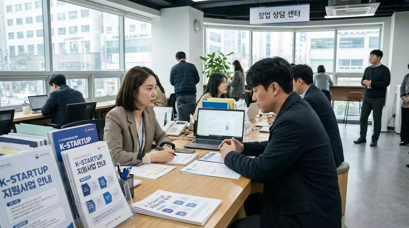 창업 상담 창구에서 창업자금제도를 상담하고 있는 장면
