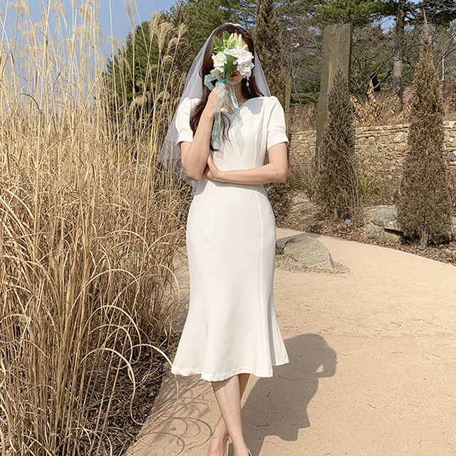 셀프웨딩 드레스 클레어 하트넥 머메이드 퍼프 브라이덜샤워 피로연 파티 스냅 돌잔치 원피스