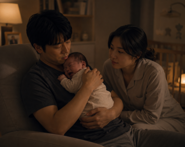 “신생아를 함께 돌보는 부모의 따뜻한 밤 육아 일상 모습”