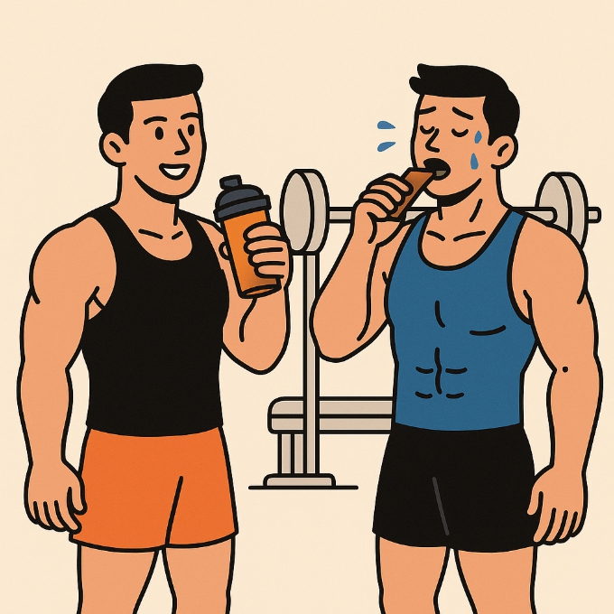 한 명은 운동 전 단백질 쉐이크를 들고 있고, 다른 한 명은 운동 후 땀을 흘리며 단백질 바를 먹는 모습. 두 사람 모두 근육이 강조되어 있고, 배경은 헬스장으로 간결하게 구성되어 있음.