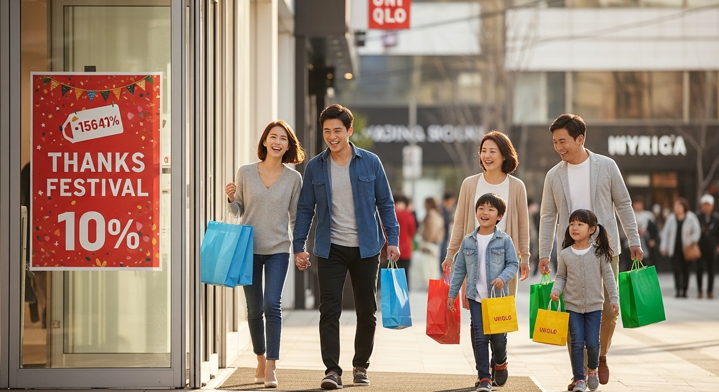 유니클로 매장 앞에서 쇼핑백을 들고 기분 좋게 나오는 사람들