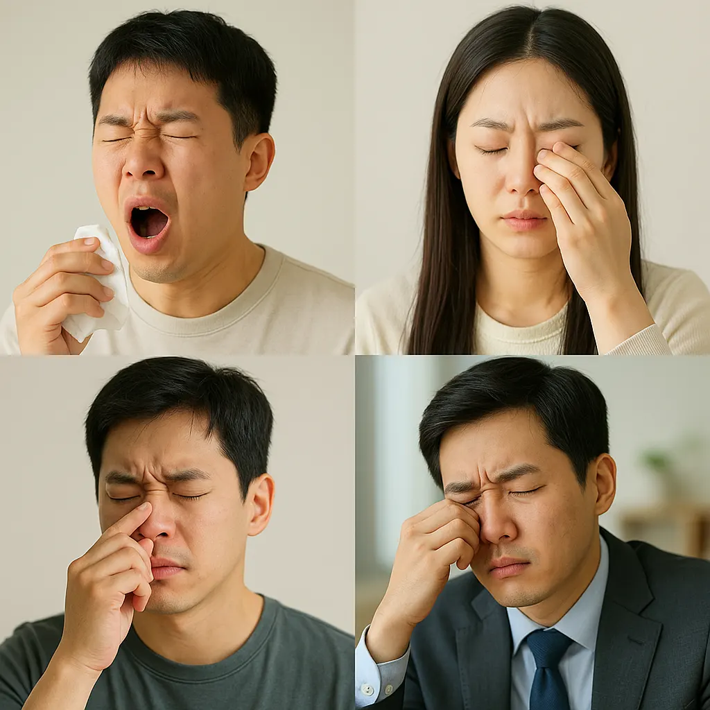 재채기하는 사람, 눈을 문지르며 가려워하는 모습, 코막힘으로 고통받는 얼굴, 피로에 지친 직장인의 모습