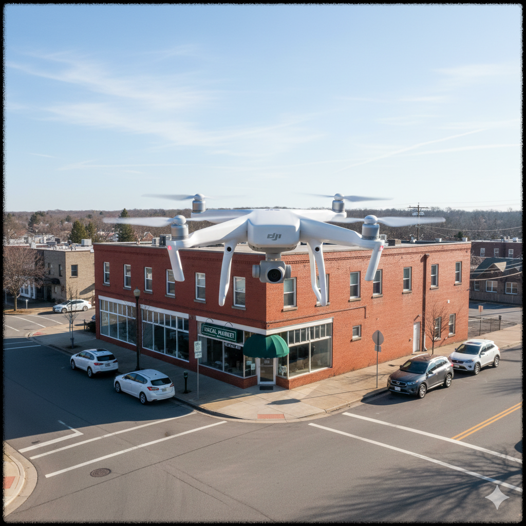 드론으로 지역 상권이나 건물을 항공 촬영하는 모습