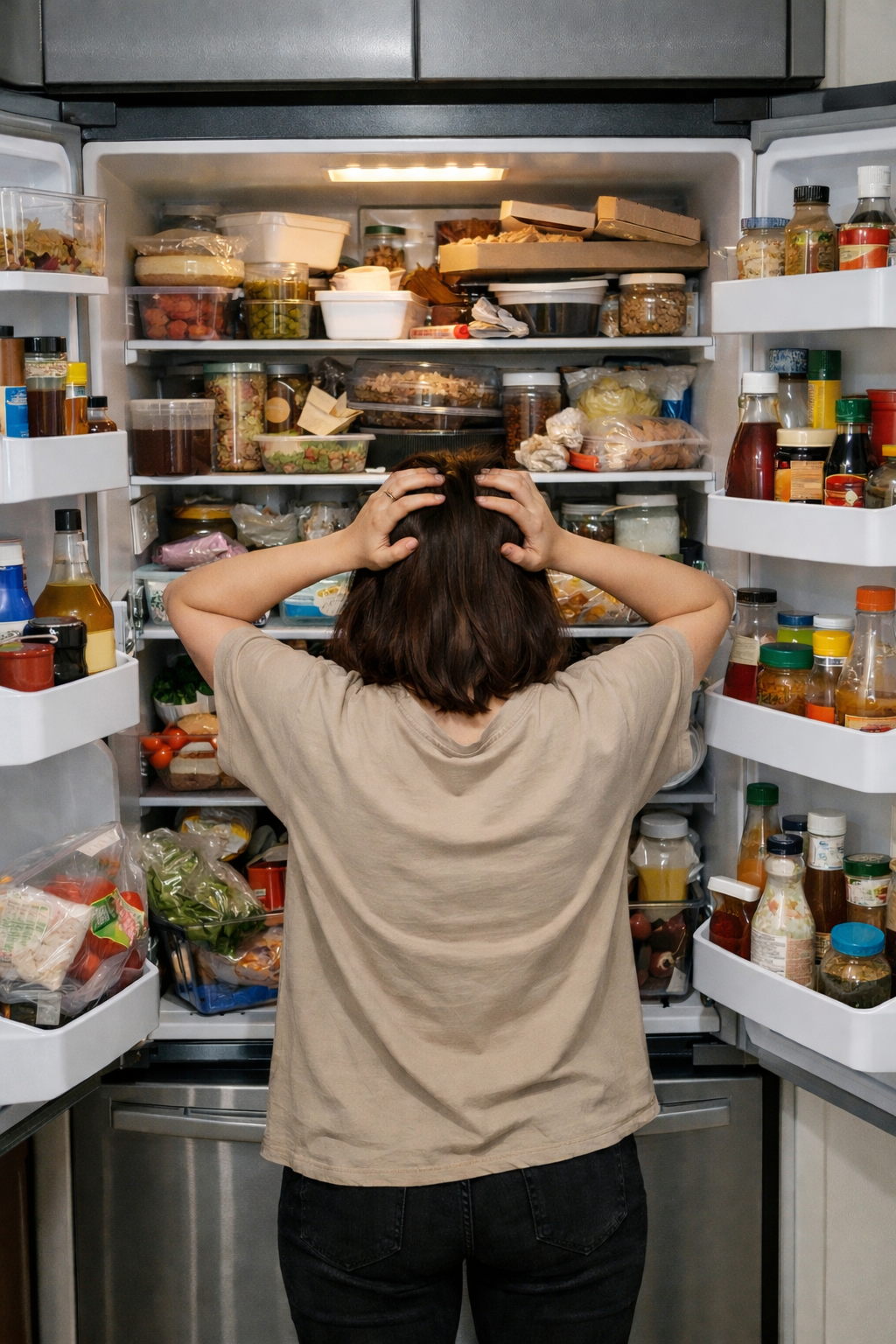 유통기한이 지난 음식과 뒤섞인 반찬들로 채워져 전체 재고를 인식하기 어려운 냉장고 내부 구조