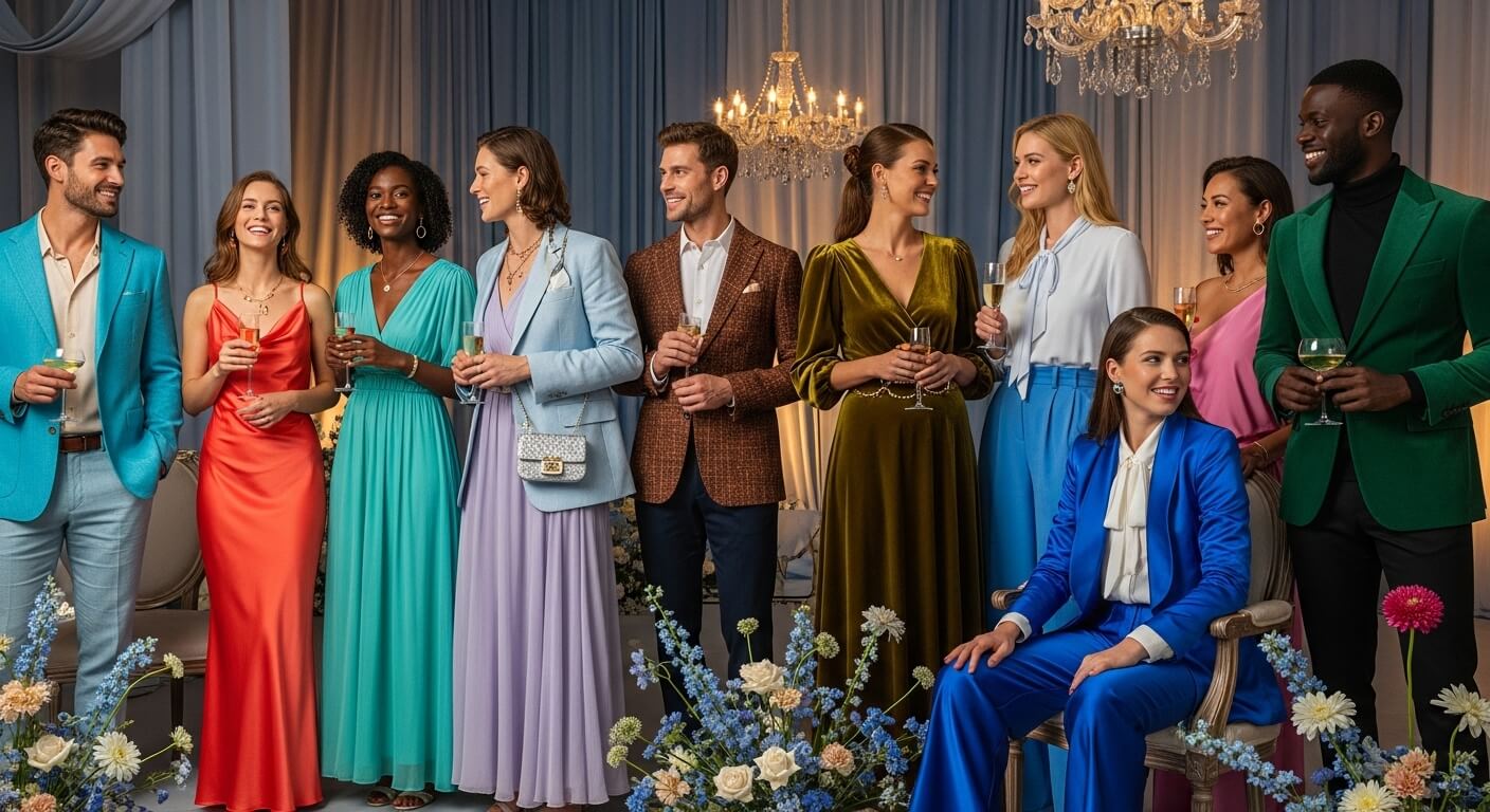 다양한 퍼스널 컬러를 가진 사람들이 2025년 연말 모임에 맞춰 자신에게 가장 잘 어울리는 의상을 입고 세련되고 화려한 분위기 속에서 즐겁게 대화하는 모습.