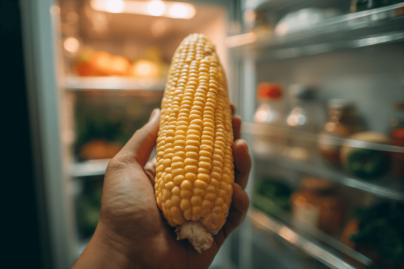 냉장고-앞에서-옥수수를-들고-있는-이미지