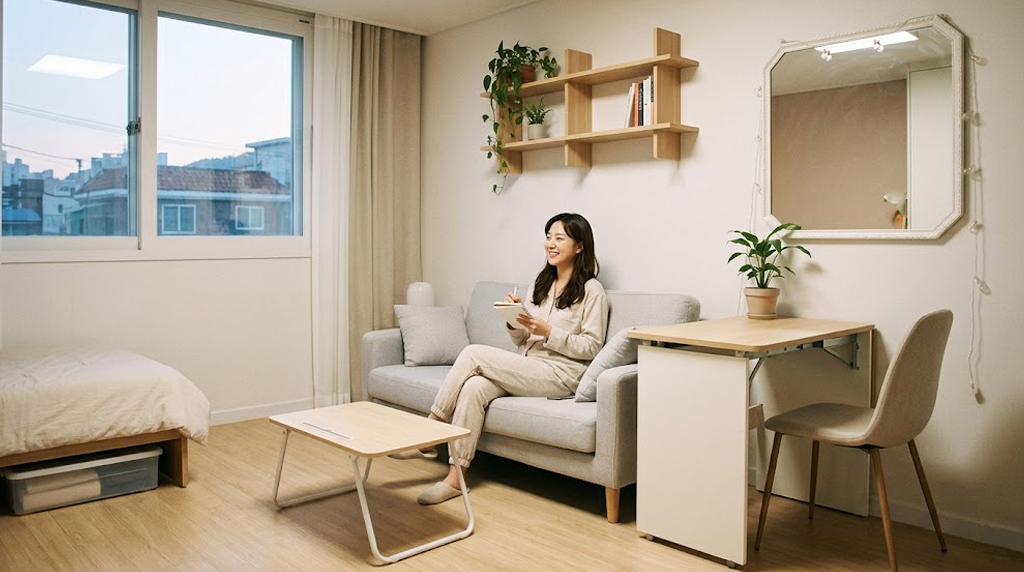 벽을 활용,가구의 기능을 압축하고 보이지 않는 공간까지 찾아내서 시각적으로 넓어 보이는 인테리어 이미지