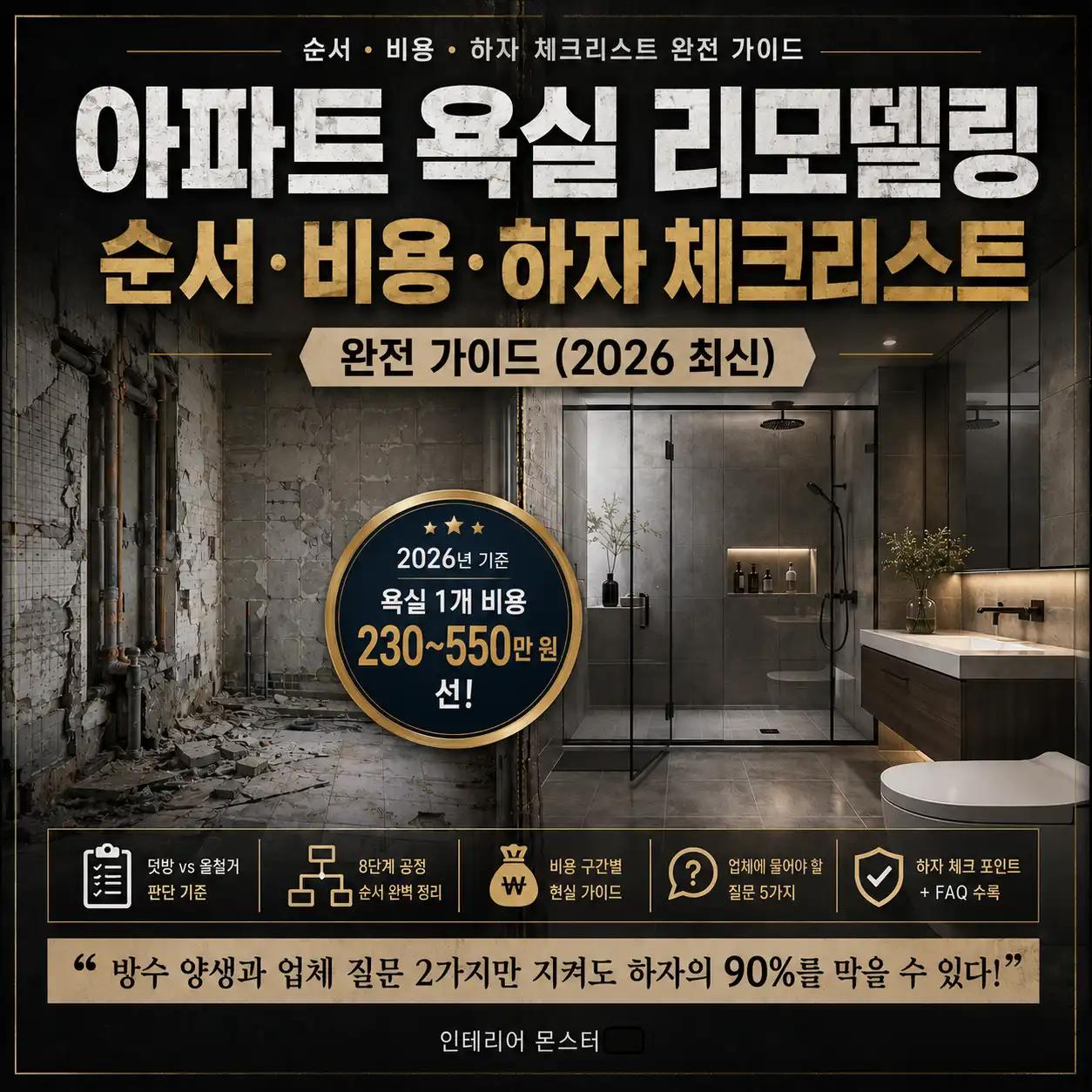 2026 아파트 욕실 리모델링 완전 가이드 표지 이미지, 낡은 욕실 철거 현장과 고급 욕실 인테리어 완성 모습을 대비한 사실적 디지털 아트, 욕실 공사 순서·비용·하자 체크리스트 정보 포함