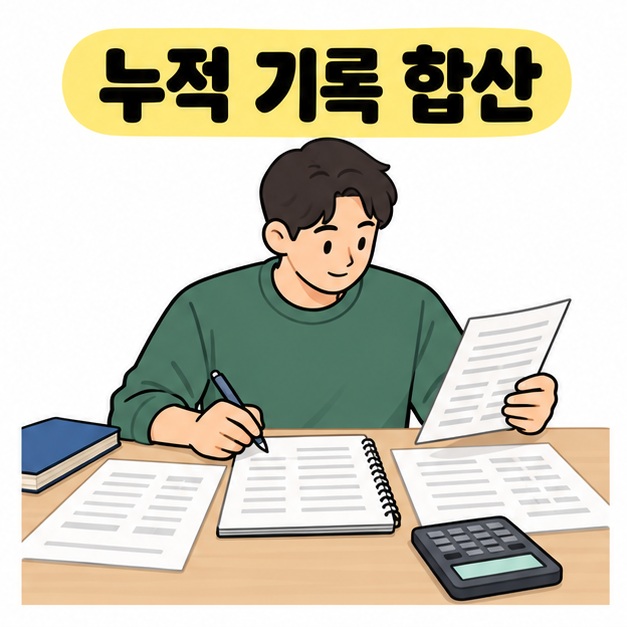 남성이 여러 경기 기록지를 확인하면서 노트에 누적 기록을 메모하는 모습
