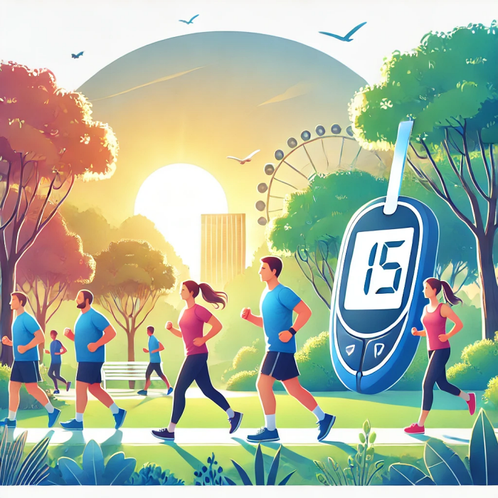 혈당 조절을 위해 아침 공원에서 조깅하는 사람의 모습.