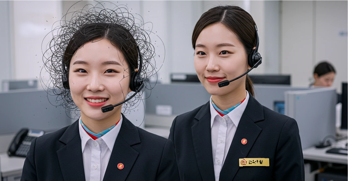 직업적으로 미소 짓고 있지만 내면에 스트레스를 안고 있는 감정 노동자.