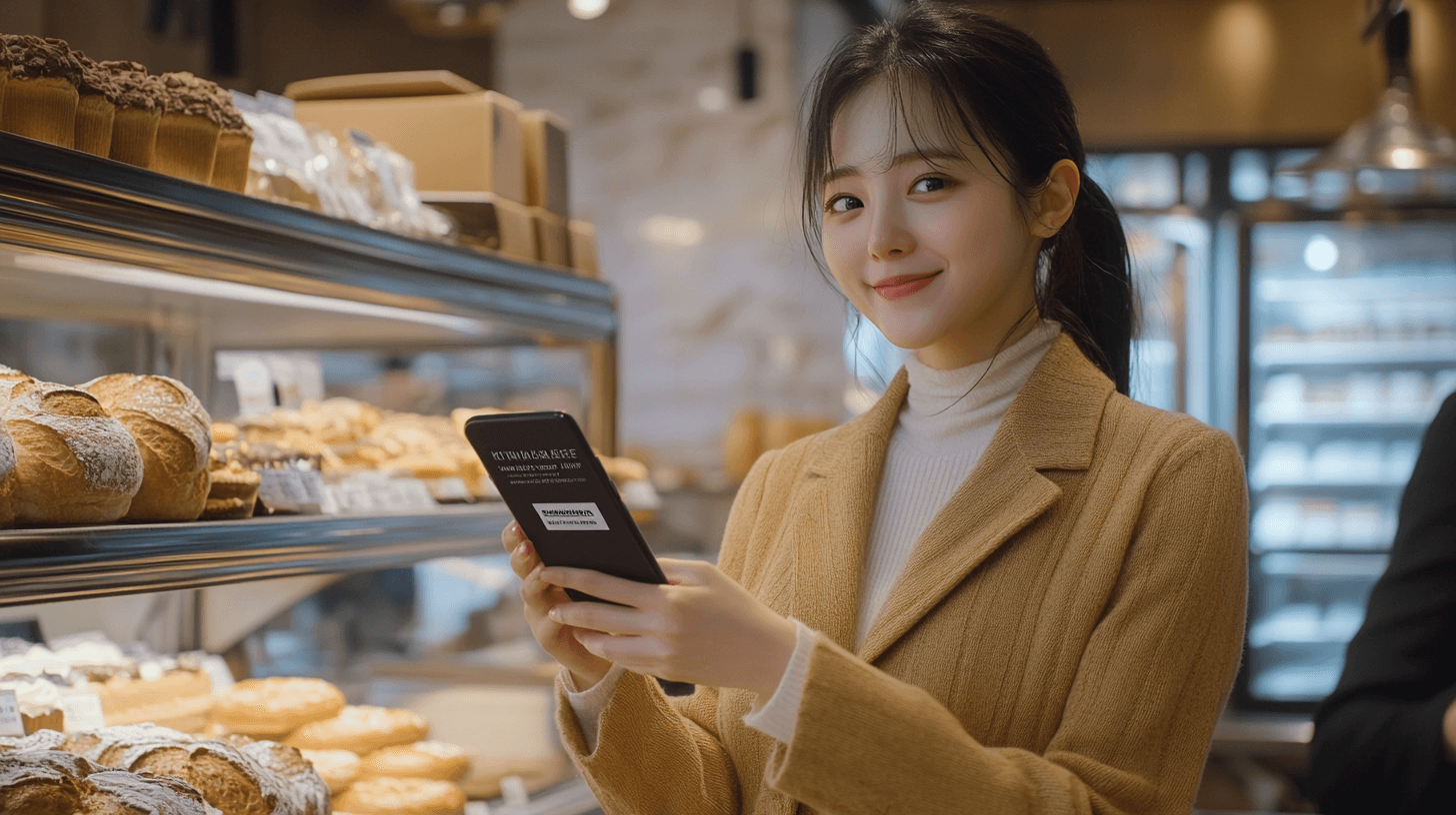 빵집에-휴대폰을-들고-있는-여성