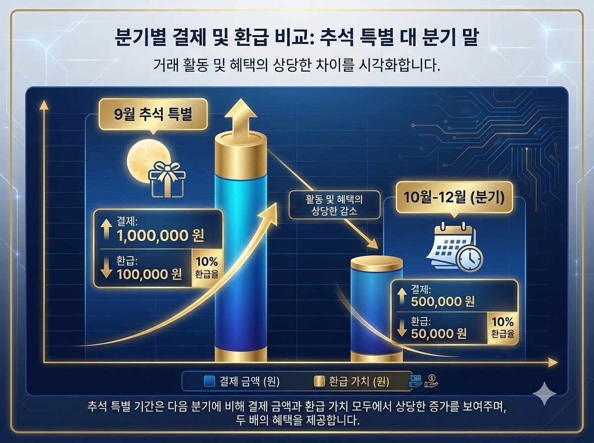 2026년 하반기 인천 이음카드의 9월 추석 특별 결제 한도 100만 원과 10월 이후 한도 50만 원의 캐시백 금액 차이를 직관적으로 비교한 막대그래프 인포그래픽
