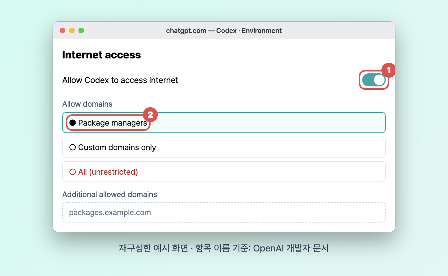 Allow Codex to access internet을 켜고 Allow domains에서 Package managers를 고른 뒤 Additional allowed domains에 사설 패키지 주소를 넣는 설정을 재구성한 예시 화면