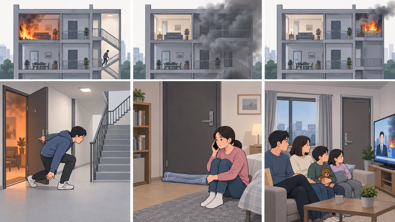 불난 집에서 계단 대피, 문을 닫고 구조 요청, 다른 세대 화재 때 실내 대기를 비교한 세 장면