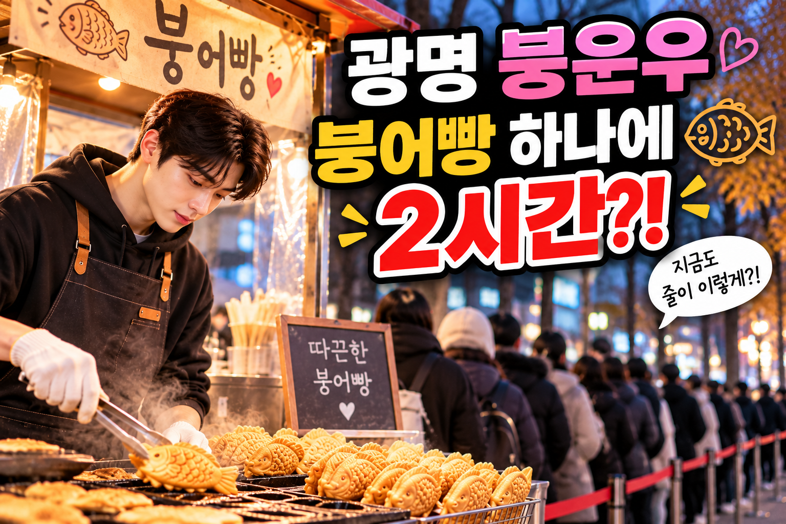 광명 붕은우 붕어빵 위치와 영업시간, 철산동 붕어빵 노점에서 청년이 붕어빵을 굽고 손님들이 길게 줄 서 있는 모습을 표현한 AI 이미지