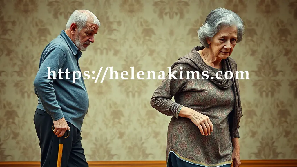 지팡이를 짚은 노년의 남성 및 여성, 각자의 일상 속에서 움직이는 모습.