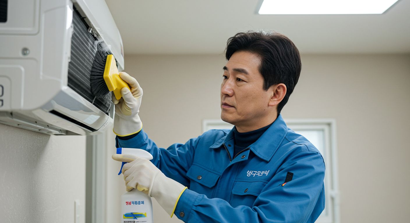 에어컨 청소업체 직원이 에어컨을 청소하는 모습