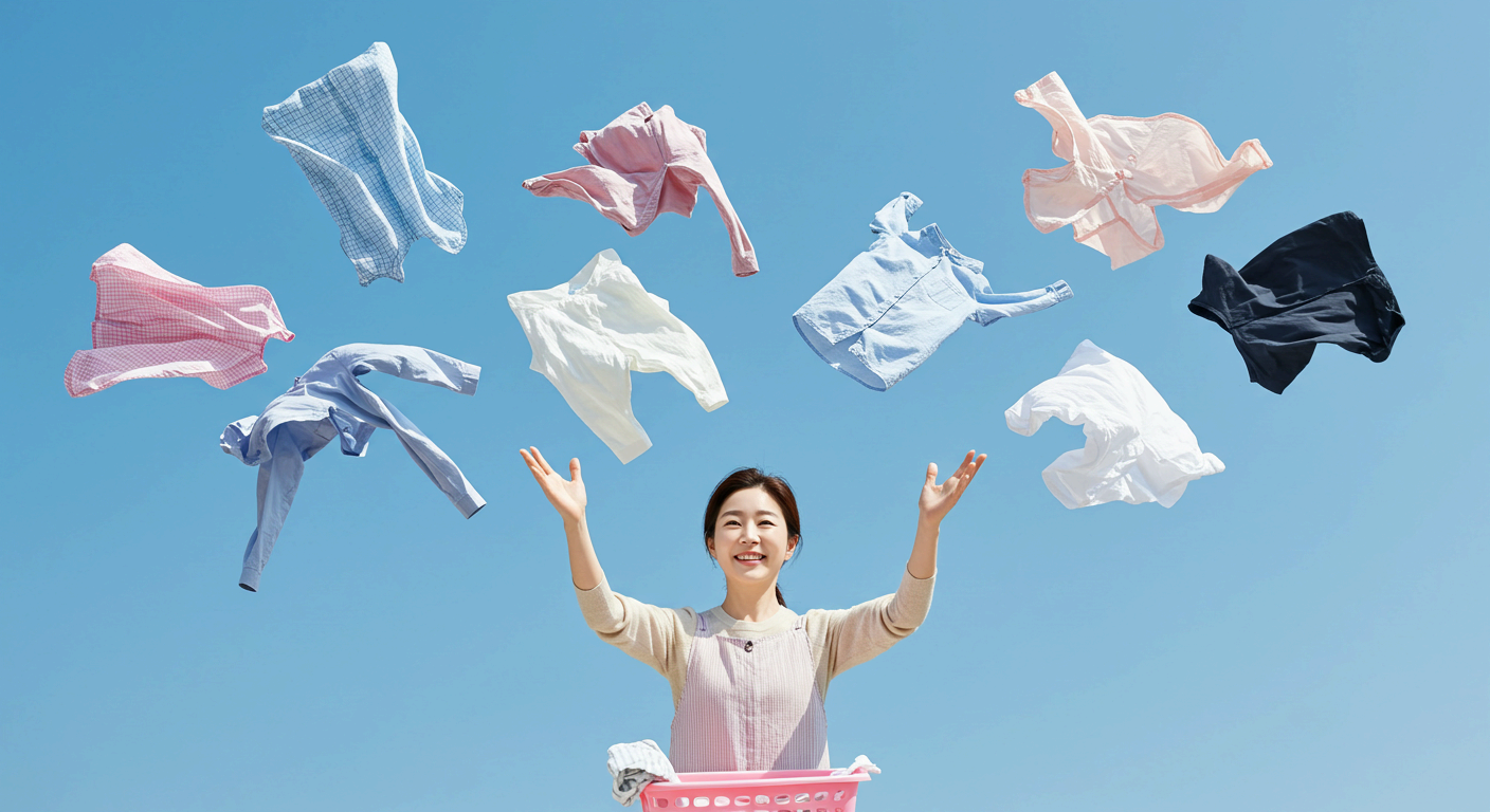 맑은 하늘 아래 세탁물을 하늘로 던지며 미소 짓는 여성의 모습. 햇볕에 말리는 깨끗한 셔츠들이 공중에 떠 있고, 상쾌하고 청결한 세탁의 기분 좋은 순간을 표현한 이미지.