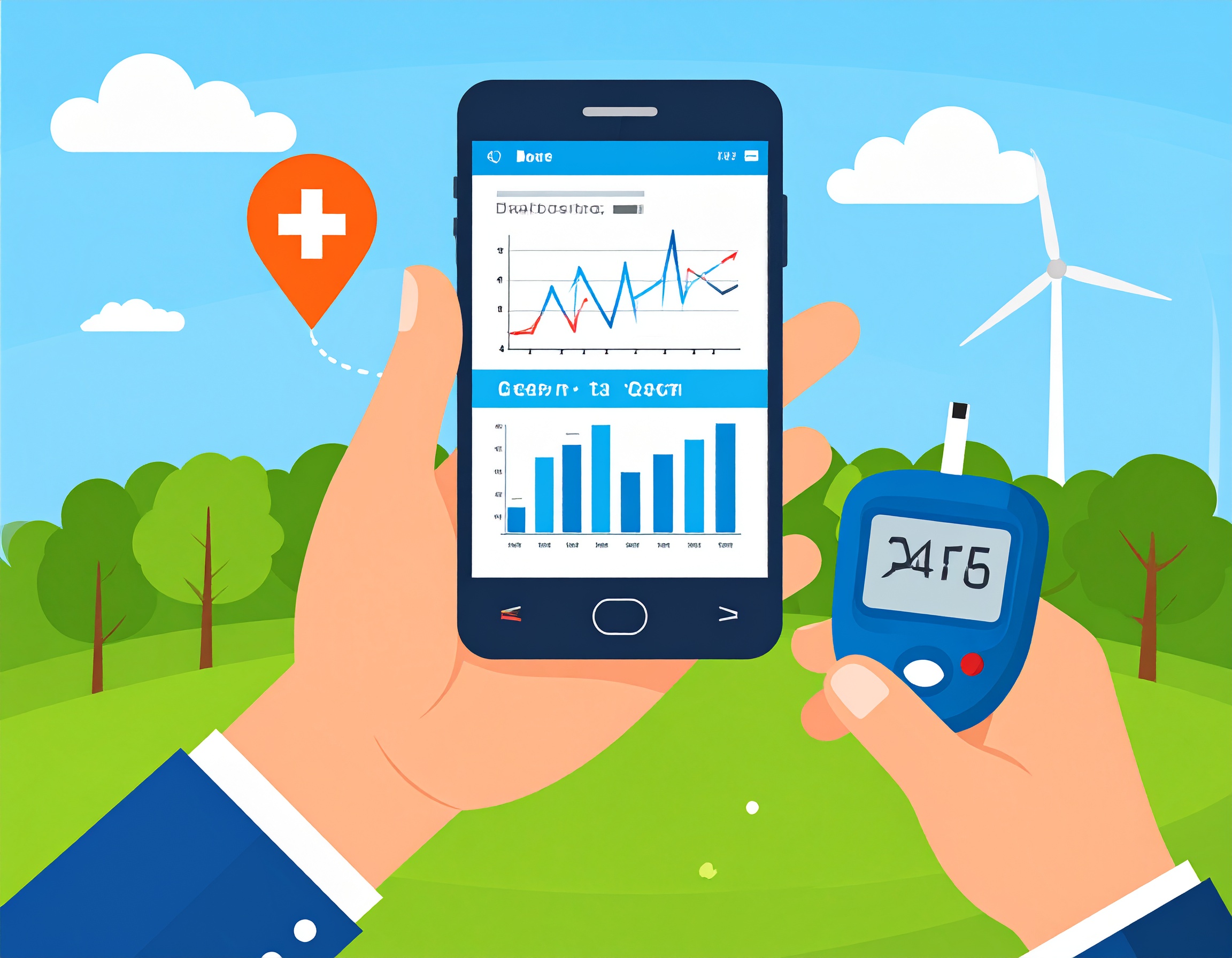 혈당측정기를 통해 측정한 데이터를 스마트폰 앱에서 그래프로 확인하는 장면 일러스트