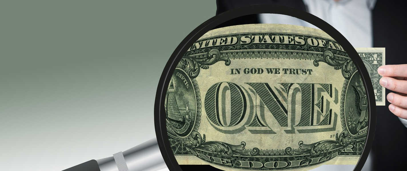 돋보기로 보고 있는 1달러