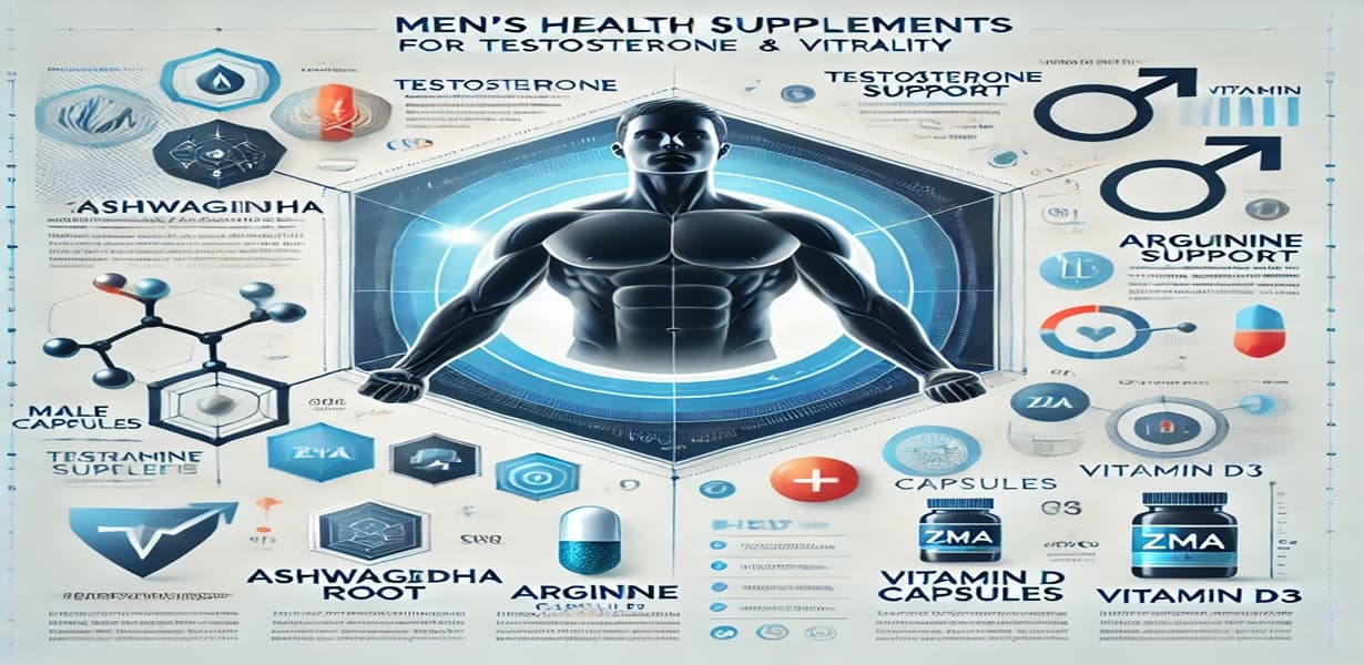 남성 활력과 테스토스테론 건강을 위한 영양제를 시각적으로 표현한 인포그래픽 이미지