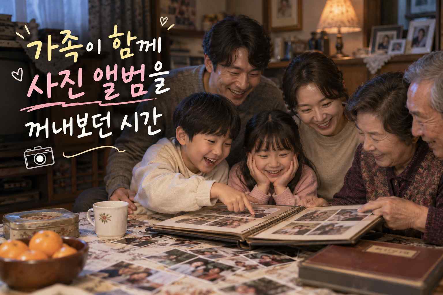 따뜻한 거실에서 가족이 오래된 사진 앨범을 함께 펼쳐 보며 웃는 모습과 제목 문구