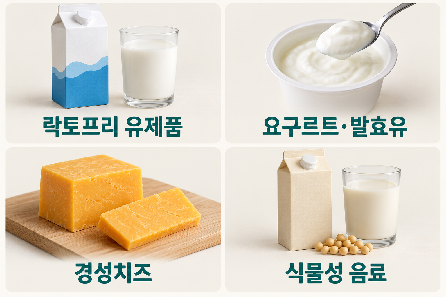 락토프리 우유와 요구르트, 경성치즈, 식물성 음료의 제품 형태를 나란히 비교한 모습