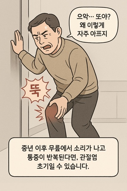 무릎 통증을 겪는 중년 남성이 갑작스러운 통증에 움찔하며 벽을 짚고 있는 장면.