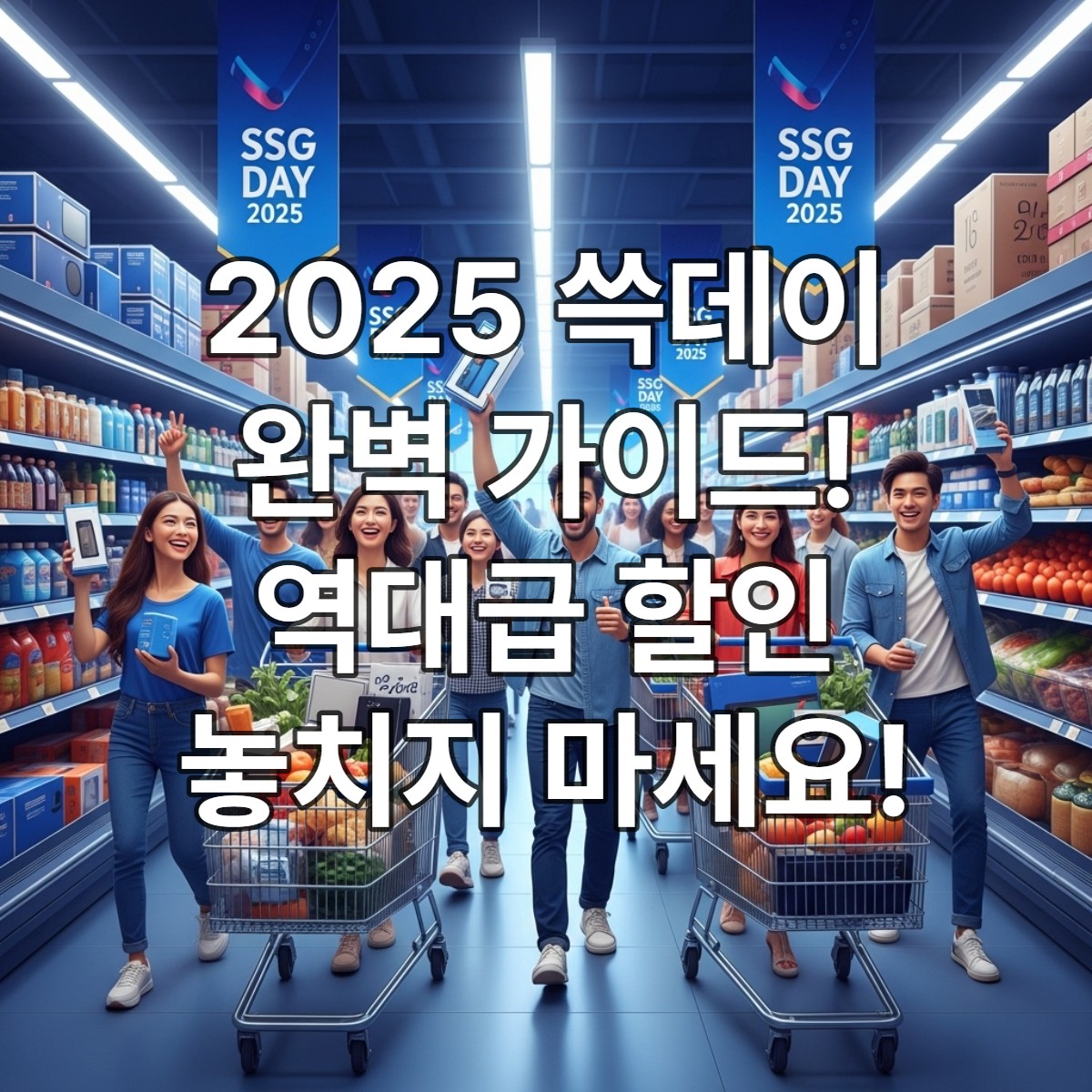 2025년 이마트 쓱데이 행사장에서 다양한 할인 상품을 구매하며 즐거워하는 소비자들의 활기찬 모습