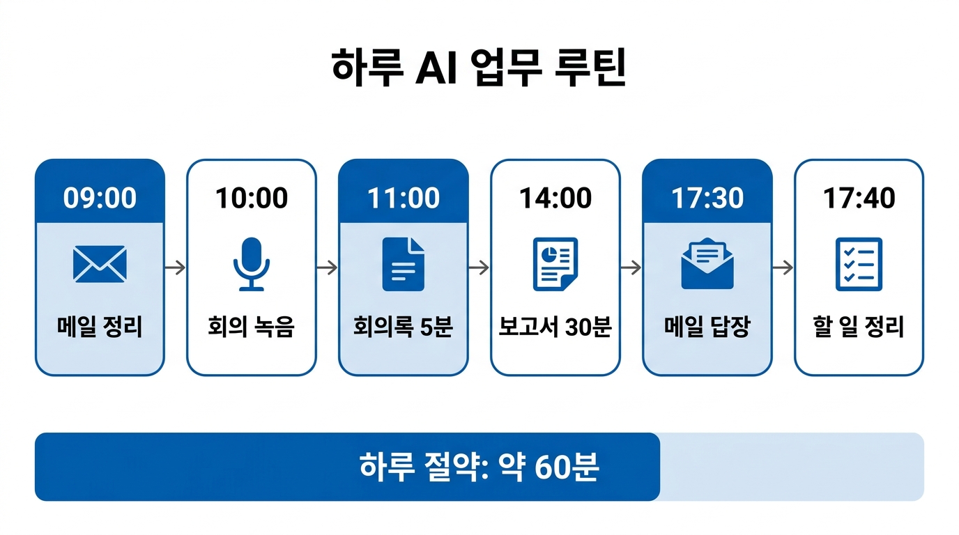 하루 AI 업무 루틴 타임라인 인포그래픽
