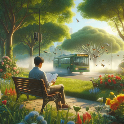 "푸른 잔디와 나무들 사이에 벤치에 앉아 책을 읽고 있는 사람과 지나가는 버스."