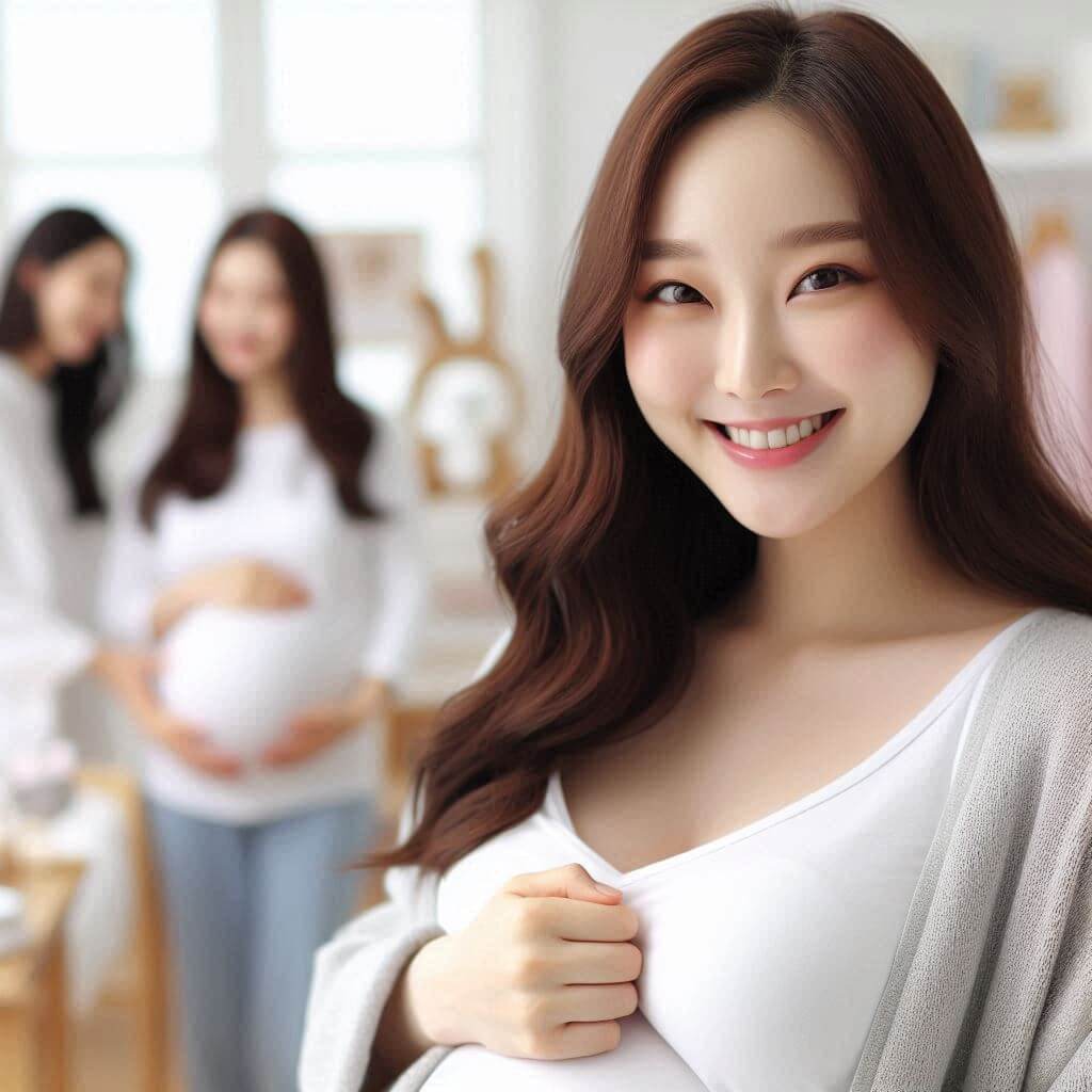 임신 사전건강검사 대기 중인 임산부 다른 임산부와 이야기를 나누고 있다.