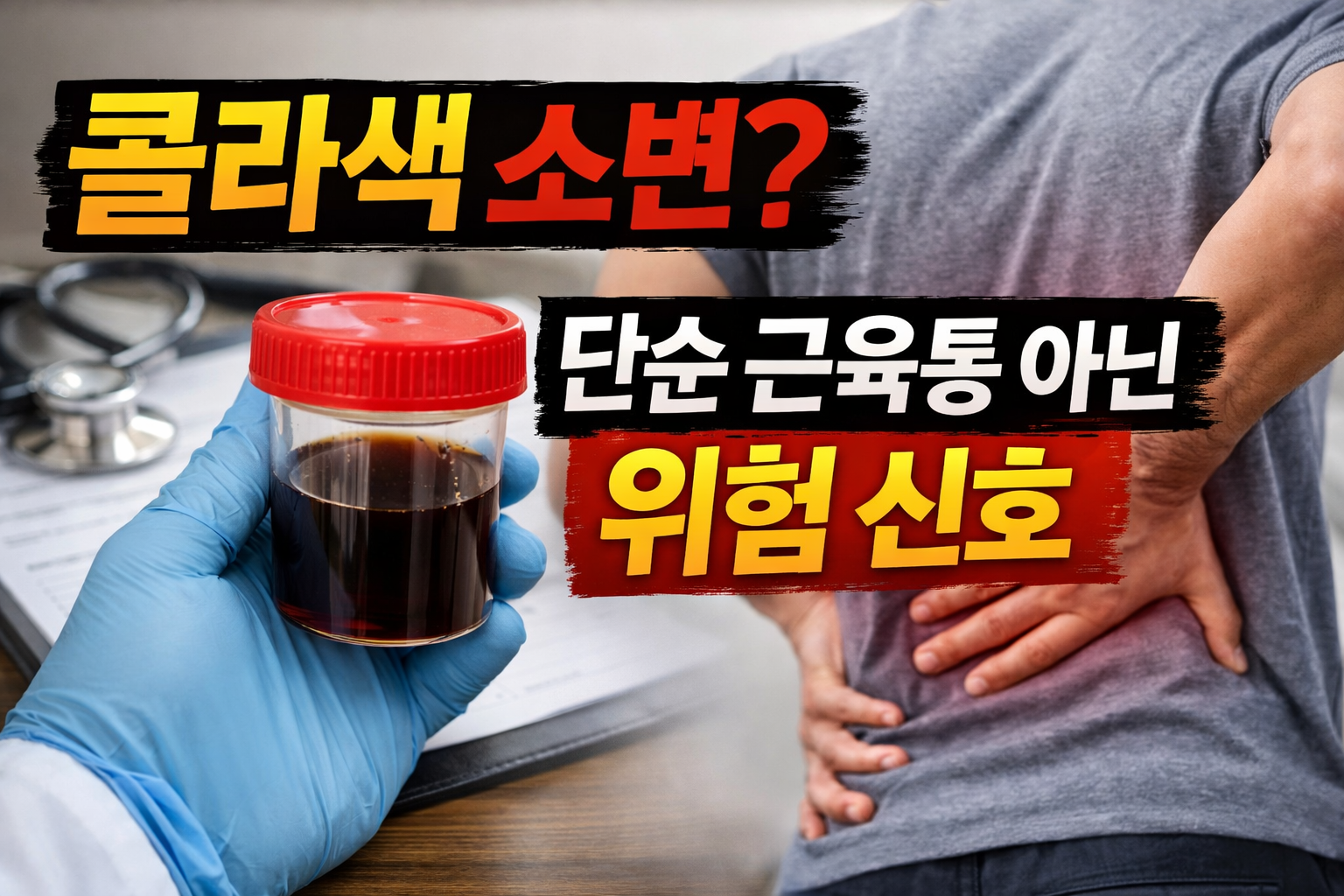 근육통과 함께 콜라색 소변이 나타날 경우 단순 DOMS가 아닌 위험 신호일 수 있음을 경고하는 의료 상황 이미지