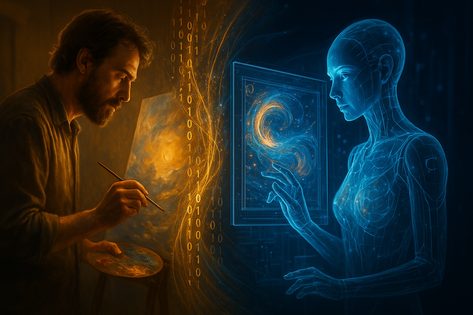 전통적인 캔버스에 작업하는 인간 화가와 투명한 디지털 화면에서 예술 작품을 생성하는 AI 홀로그램을 분할한 시네마틱 이미지