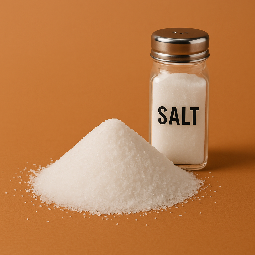 소금이 쌓여있고 조미료통안에 들어있는 소금 이미지