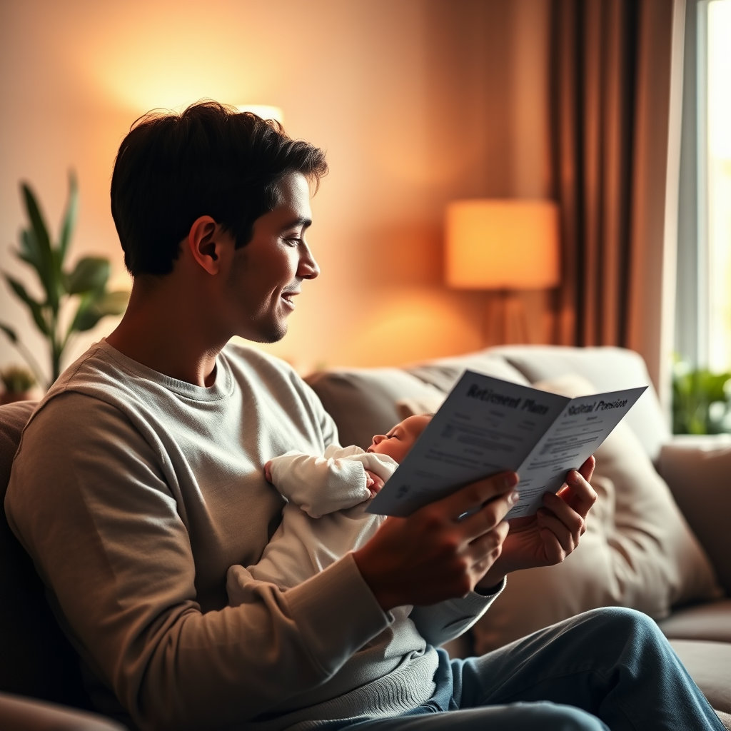 따뜻한 빛이 스며드는 아늑한 거실에서, 한 손에는 아기를 안고 다른 손으로는 연금 가입 증서(또는 국민연금 상징물)를 바라보는 젊은 부부의 옆모습. 편안하고 희망적인 분위기. 부드러운 색감과 빛 효과.