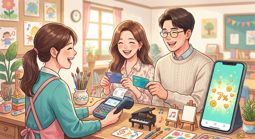 학원 데스크에서 부부가 수원페이 카드 두 장으로 학원비를 분할 결제하여 혜택을 극대화하는 장면