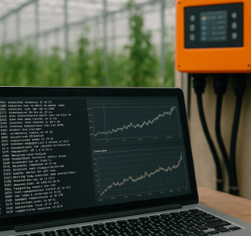 스마트팜 온실 내부에서 노트북 화면에 농업 자동화 로그 데이터와 그래프가 표시된 장면