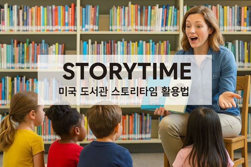 도서관 책장 앞에서 여성이 그림책을 읽어주고 있고, 여러 명의 아이들이 바닥에 앉아 이야기를 집중해서 듣고 있다. 중앙에는 &lsquo;STORYTIME 미국 도서관 스토리타임 활용법&rsquo;이라는 문구가 적혀 있다