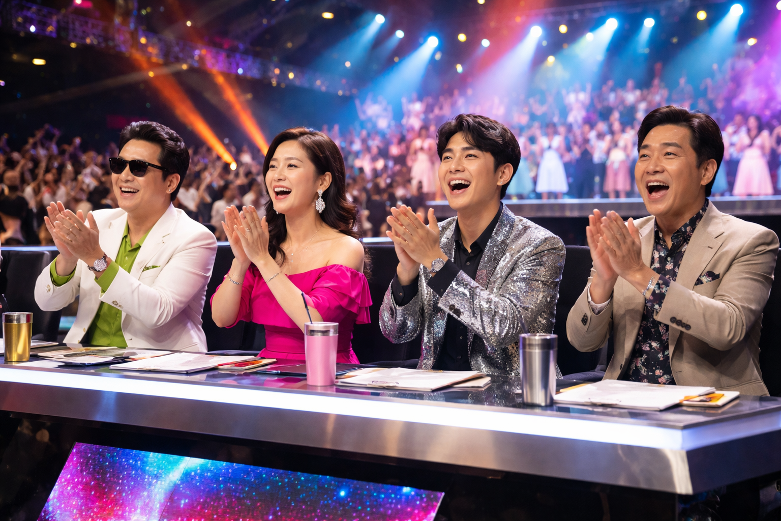 트로트 오디션 프로그램에서 심사위원들이 무대를 보며 평가 (AI 제작)