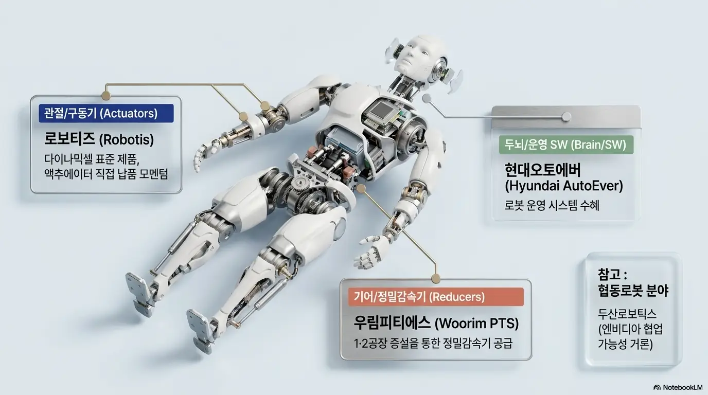 보스턴다이내믹스 관련주를 휴머노이드 부품 밸류체인으로 정리한 이미지. 관절·구동기의 로보티즈, 기어·정밀감속기의 우림피티에스, 두뇌·운영 SW의 현대오토에버, 협동로봇 분야의 두산로보틱스를 부위별 수혜주로 설명함