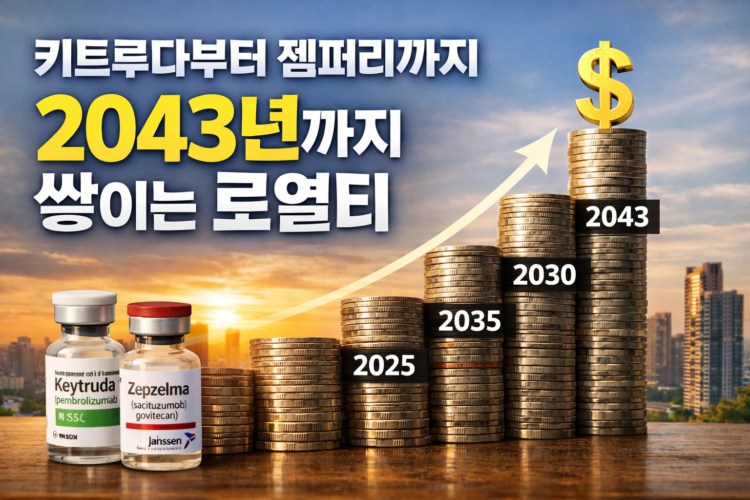 키트루다와 젬퍼리 SC 제형 기반으로 2025년부터 2043년까지 이어지는 알테오젠 로열티 수익 구조를 표현한 실사 이미지